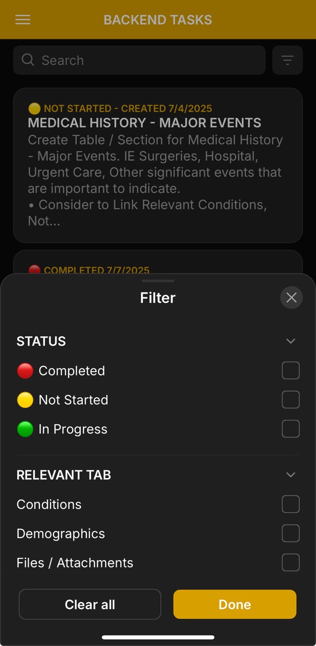 Backend Task Page (Filter Option)